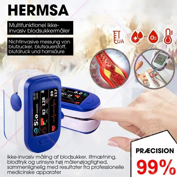 Hjemmemåling af dit helbred: Pulsoximeter & blodsukkermåler for SpO2, puls og blodsukkerresultater.