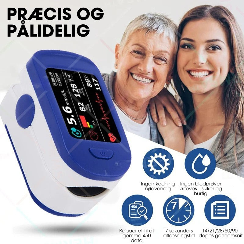 Sundhedssæt med SpO2 måler (pulsoximeter) og blodsukkermåler for total helbredsforståelse hjemme.