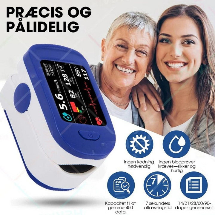 Sundhedssæt med SpO2 måler (pulsoximeter) og blodsukkermåler for total helbredsforståelse hjemme.