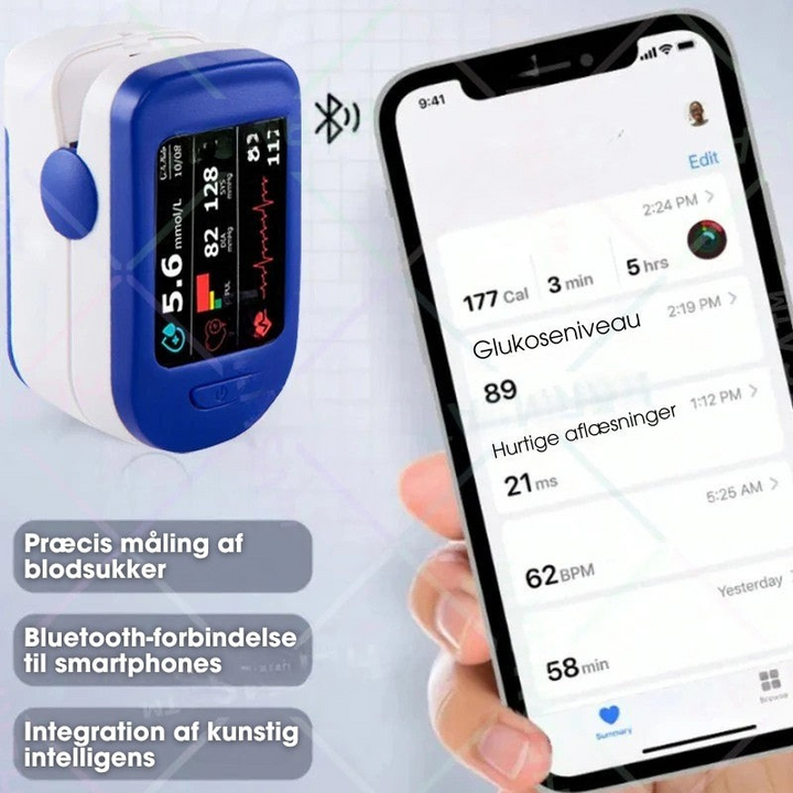Nem og hurtig helbredscheck: Pulsoximeter for SpO2/puls, blodsukkermåler for glukosemåling.