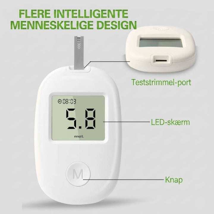 Sundhedssæt med pulsoximeter (SpO2, puls) og blodsukkermåler for nem hjemmebrug og wellness.