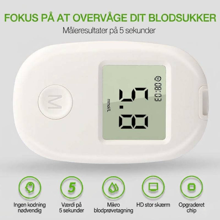 Avanceret sundhedssæt: Pulsoximeter til SpO2/puls og blodsukkermåler for omfattende helbredsovervågning.