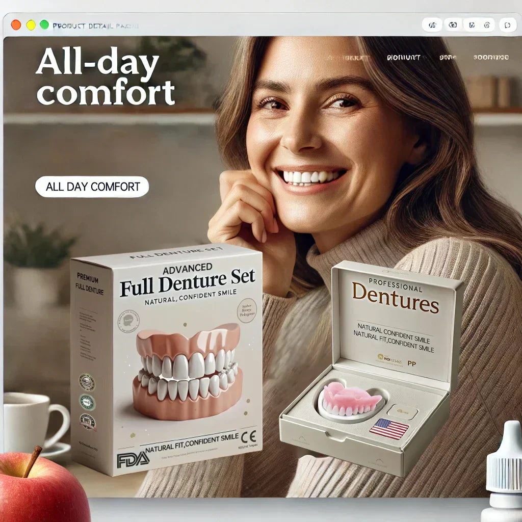 Komplet tandprotesesæt til over- og underkæbe, giver et naturligt smil og komfort.