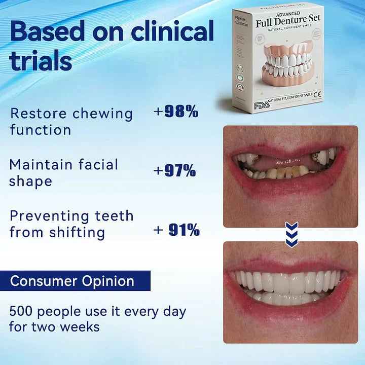 Et sæt tandproteser der giver naturligt smil; komfortabel pasform til både over- og underkæben.