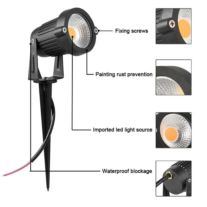 Kraftfuld COB LED spotlight til udendørs brug. Perfekt som stilfuldt havelys i bede og langs stier.