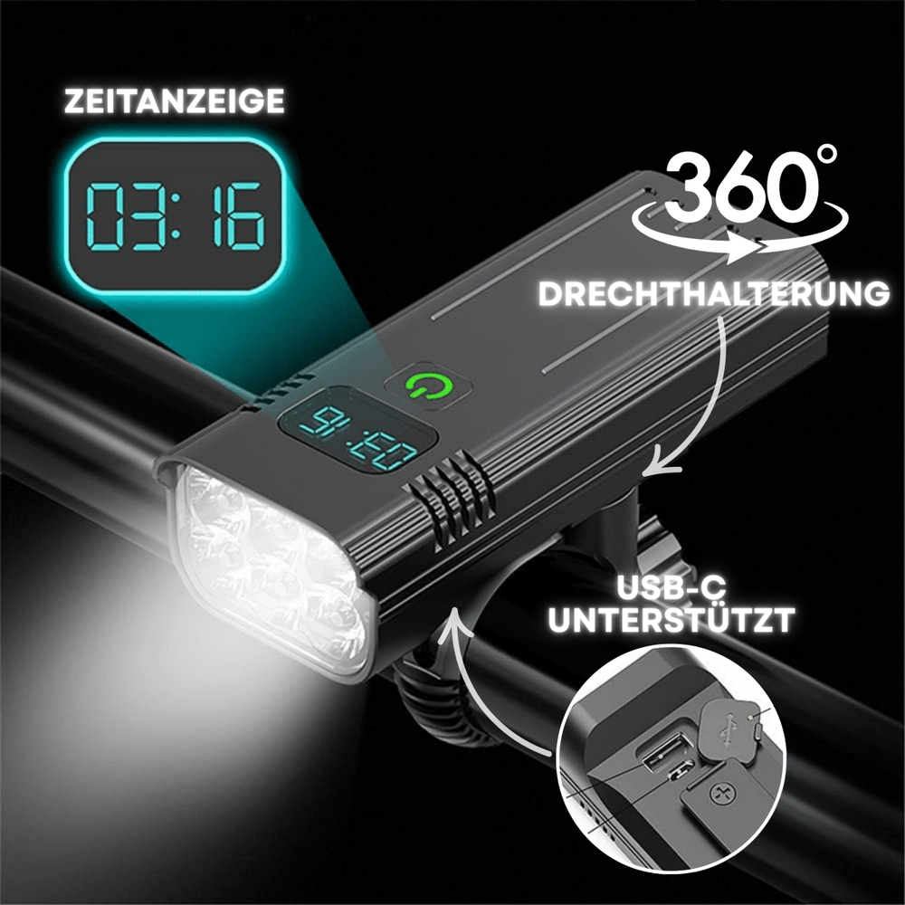 Unisex LED-cykellygte, 5000 lumen. Digital skærm viser batteri & tilstand. Genopladelig MTB lygte.