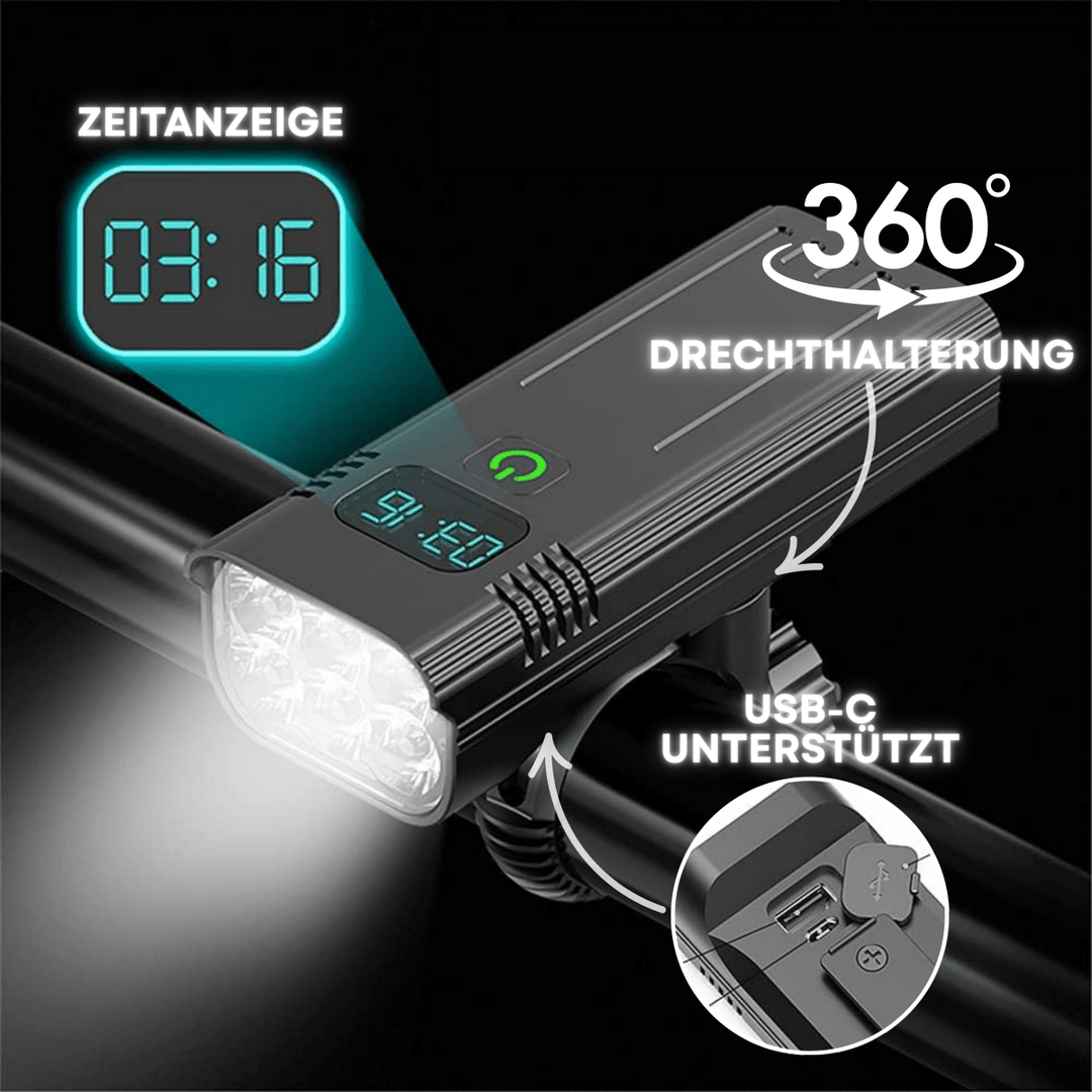 Unisex LED-cykellygte, 5000 lumen. Digital skærm viser batteri & tilstand. Genopladelig MTB lygte.