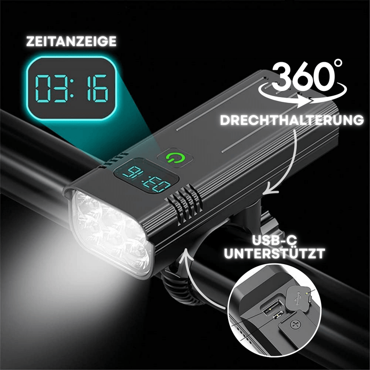 Unisex LED-cykellygte, 5000 lumen. Digital skærm viser batteri & tilstand. Genopladelig MTB lygte.
