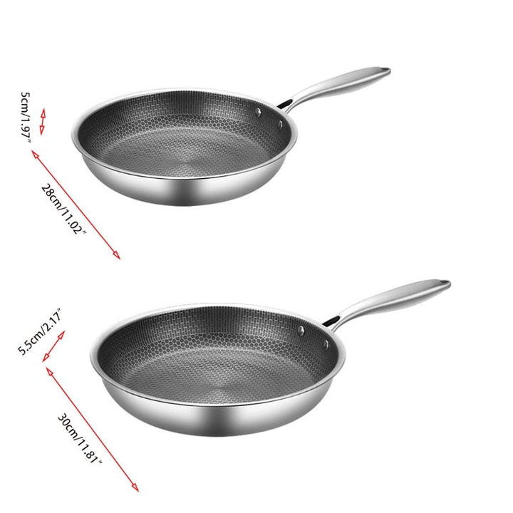 Ridsefast stegepande i rustfrit stål med non-stick belægning, ergonomisk håndtag og vaffelstruktur for jævn varmefordeling.