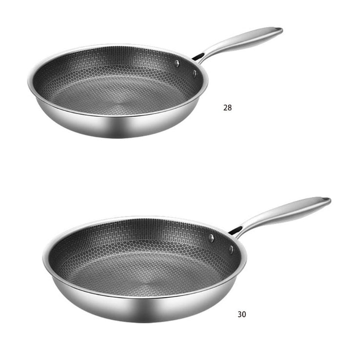 Ridsefast stegepande i rustfrit stål med non-stick belægning, ergonomisk håndtag og vaffelstruktur for jævn varmefordeling.