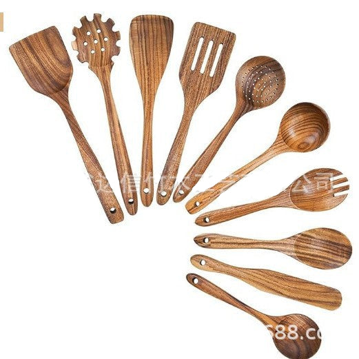 Køkkensæt af naturligt teaktræ, rustikt-elegant design, bæredygtige køkkenredskaber, stilfuldt og funktionelt