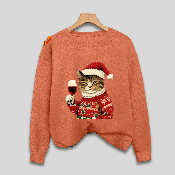 Grim julesweater til kvinder med kat og julemotiver. Ideel for den humoristiske julefest eller vintertøj.
