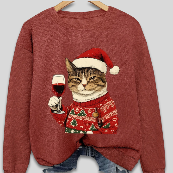 Grim julesweater til kvinder med nuttet katteprint. En humoristisk og hyggelig dametrøje til jul og julefrokost.
