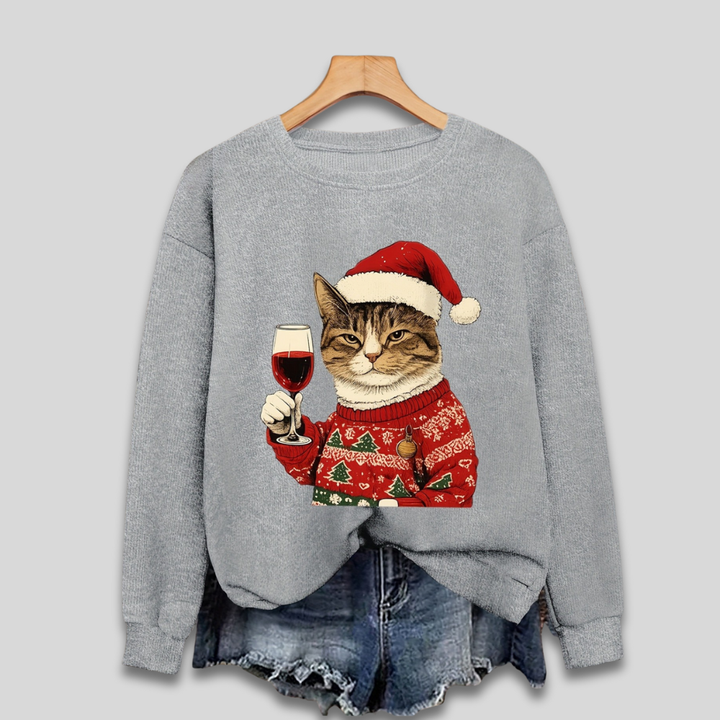 Jule-sweater til kvinder med katteprint. Festlig og sjov grim julesweater til julehygge og julefrokost.