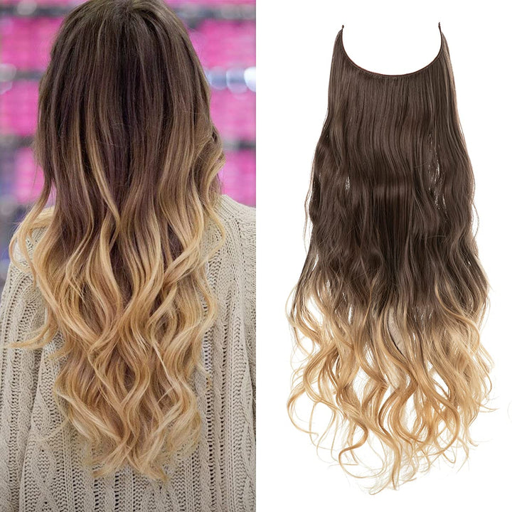 Blond usynlig hårforlængelse, der tilføjer længde og volumen til kvinders hår.