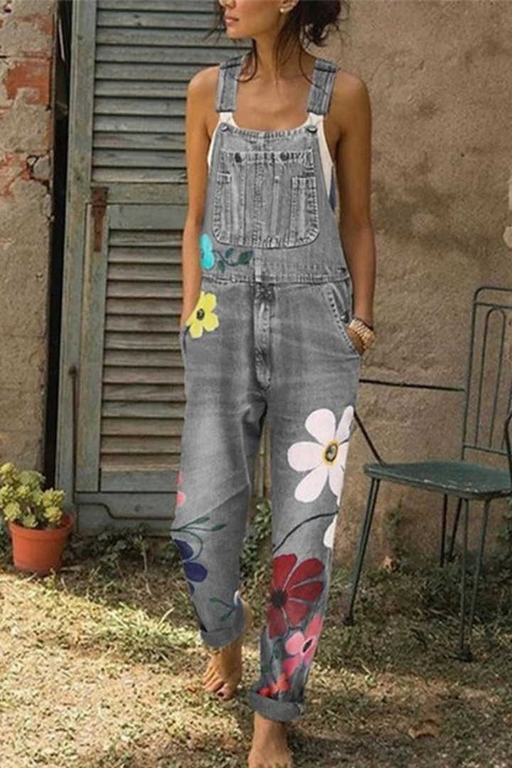 Kvinder afslappede denim smækbukser med blomsterprint, perfekt til forår og sommer boheme stil.