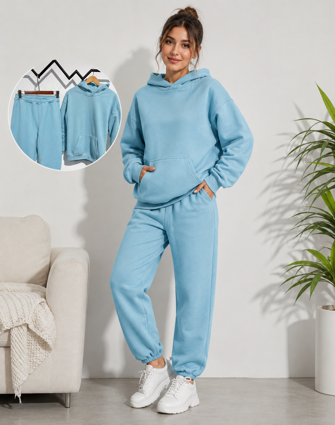 Blødt og moderne oversized todelt sæt til kvinder. Hættetrøje og joggingbukser perfekt til afslappet fritidstøj.