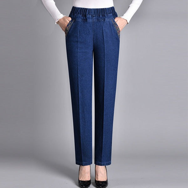 Kvinder's behagelige jeans m/elastiktalje & sidelommer. Komfortable bukser til dametøj, stilfuldt mode.