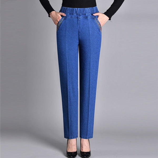 Mode kvinder jeans m/bredtben & elastiktalje. Behagelige bukser m/sidelommer, ideel til dametøj.