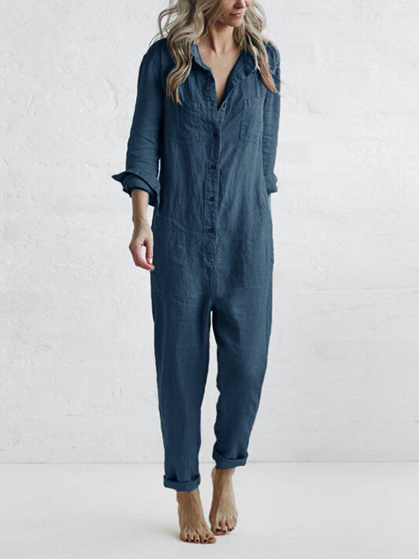 Grøn langærmet jumpsuit til kvinder. Komfortabel loungewear med elegant, løs pasform.