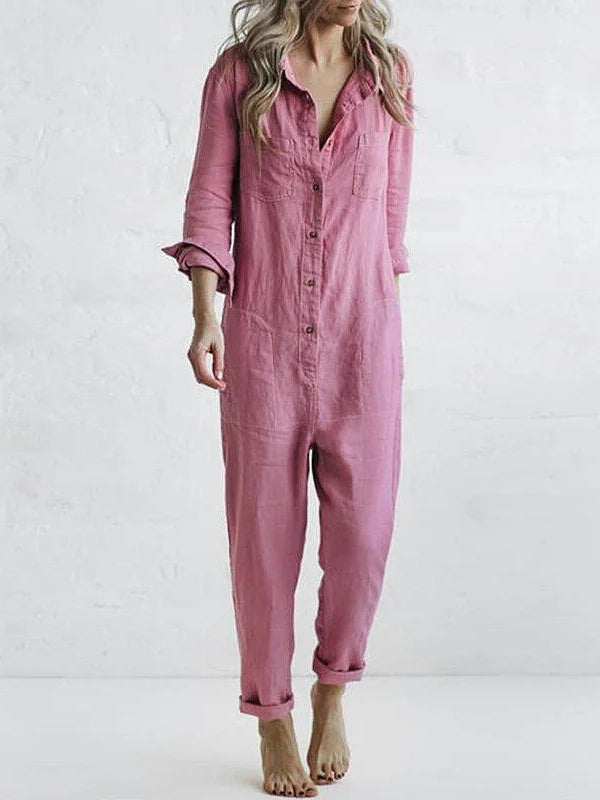 Blå jumpsuit for kvinder. Stilfuld og komfortabel med løs pasform og lange ærmer.