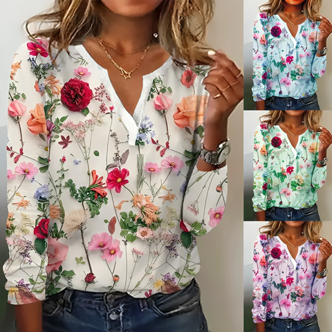 Alsidig kvindebluse: Langærmet top med farverigt blomsterprint og klassisk V-udskæring.
