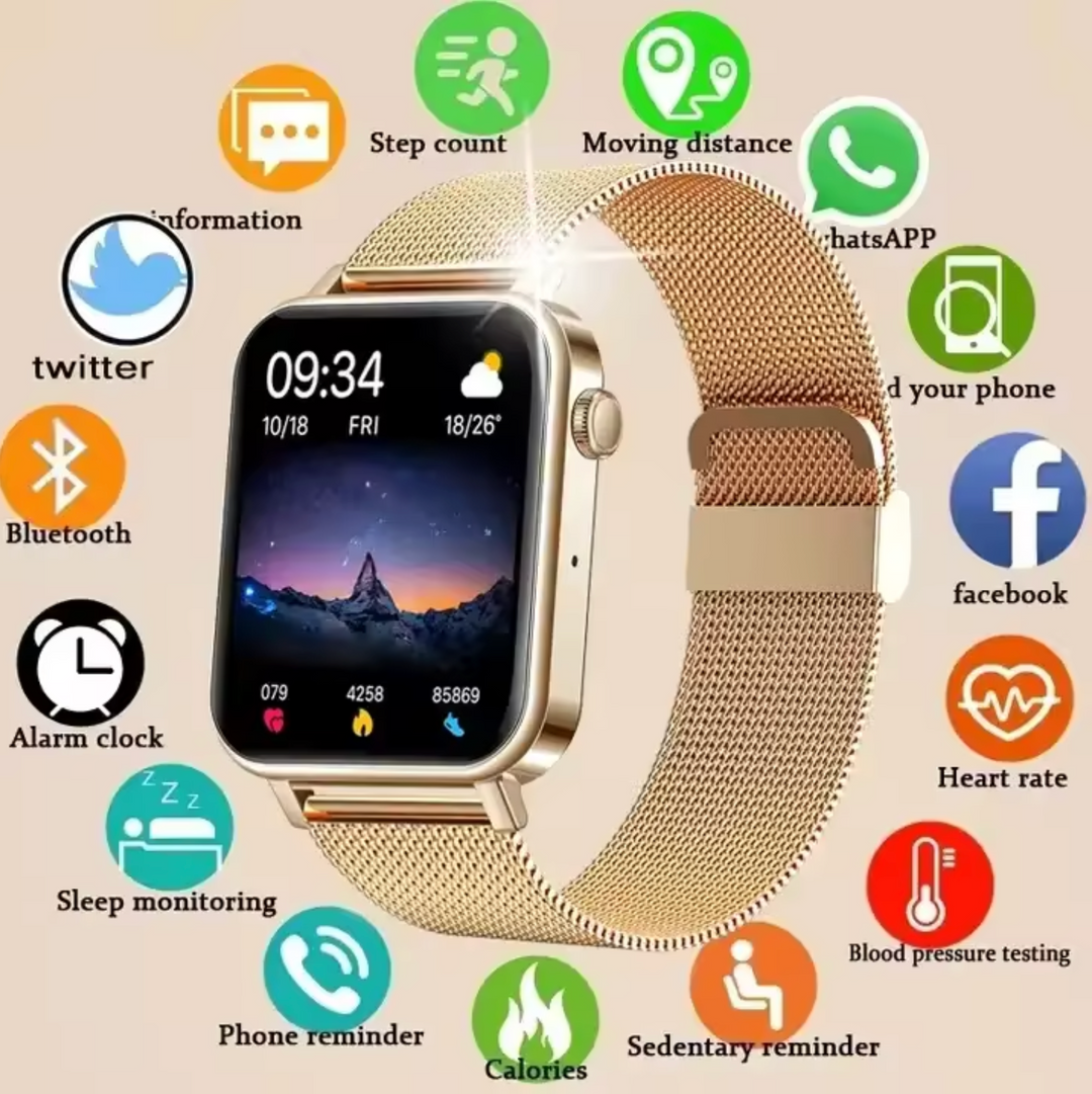 Nyt kvindersmartwatch med avanceret teknologi, der sporer aktivitet og giver notifikationer.