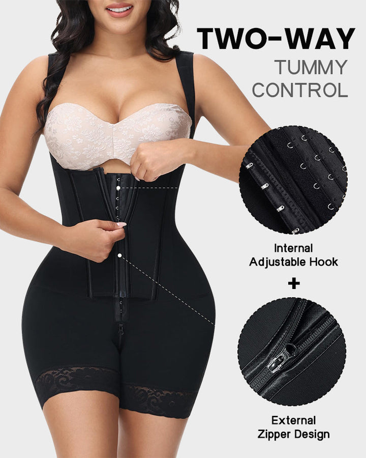 Usynligt shapewear bodysuit; glatter mave & talje, løfter kurver for fejlfri finish under tøj.