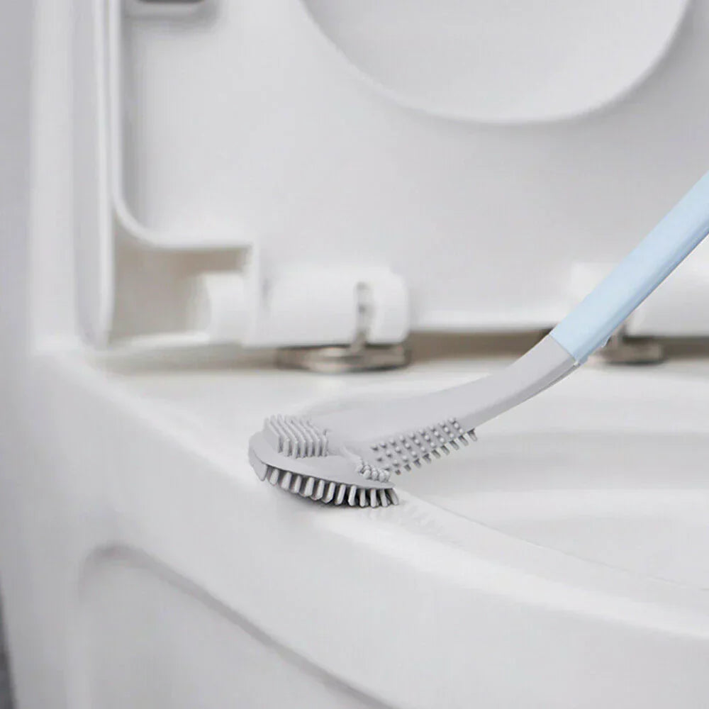 L-formet toiletbørste i TPR, fleksibel, i blå, grøn, sort, hvid, for effektiv rengøring og renlighed.