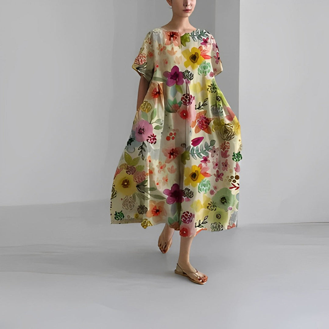 Dame boho sommerkjole med farverigt blomstermønster, løs og lang pasform til alle kropstyper.
