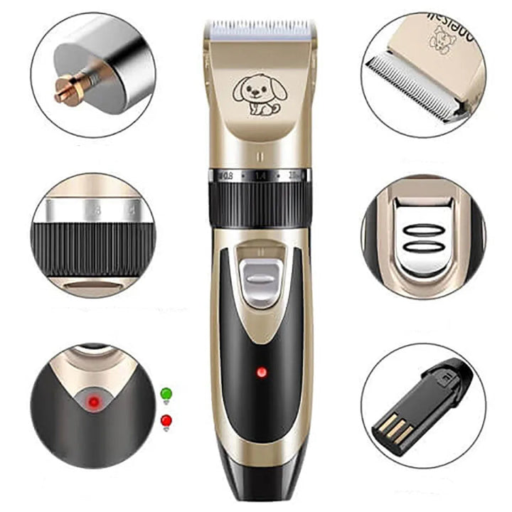 Støjsvag pelspleje trimmer til hunde med stille teknologi, effektivitet, bløde skæreblade, lang batterilevetid og nem rengøring.