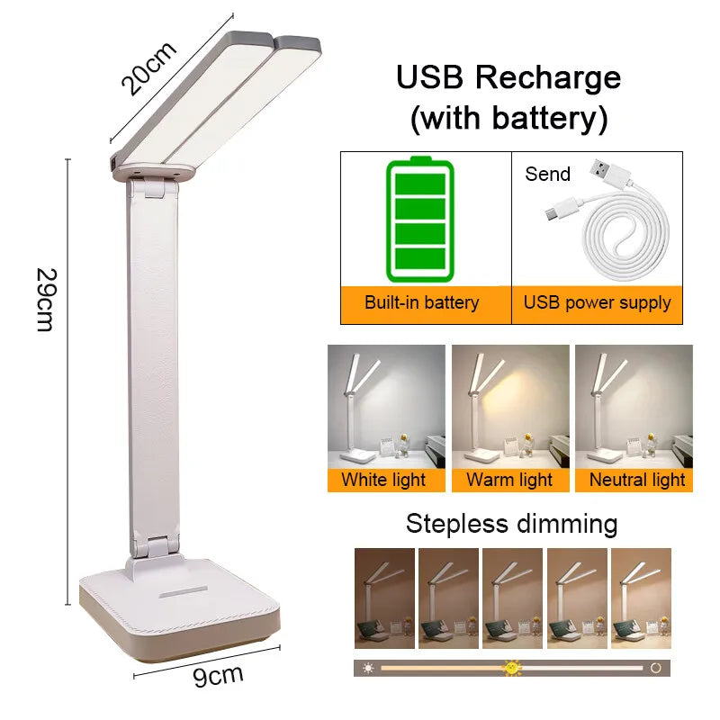 Stilren LED-USB-lampe til skrivebordet, dæmpbar for øjenbeskyttelse og let at betjene.
