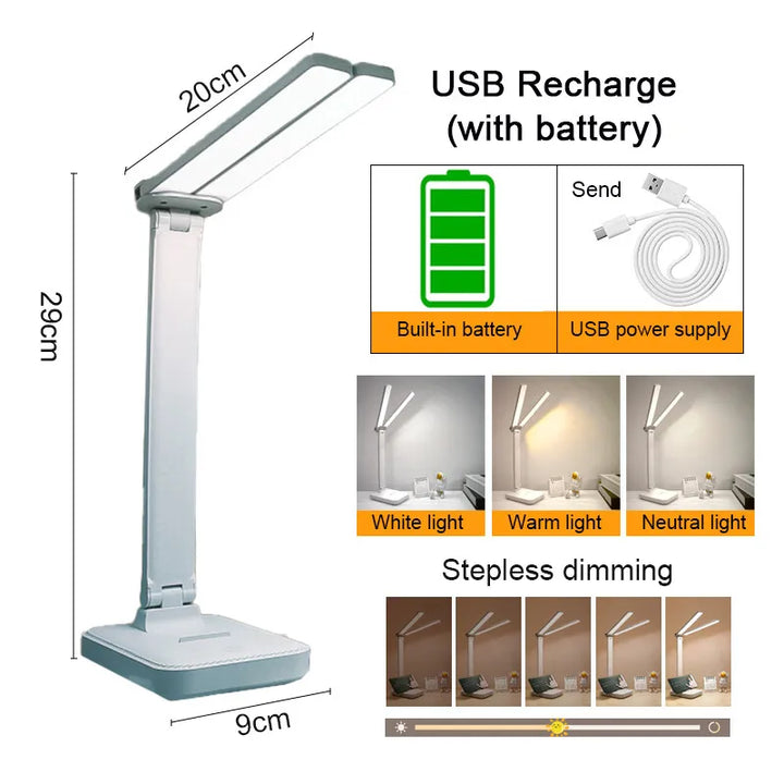 Alsidig LED-bordlampe med USB-opladning, foldbart design og justerbar lysstyrke for læsning.