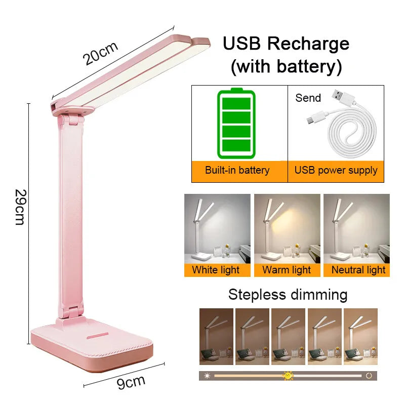 Kompakt LED-lampe til bordet, dæmpbar, berøringsbetjent og USB-drevet til studiebrug.
