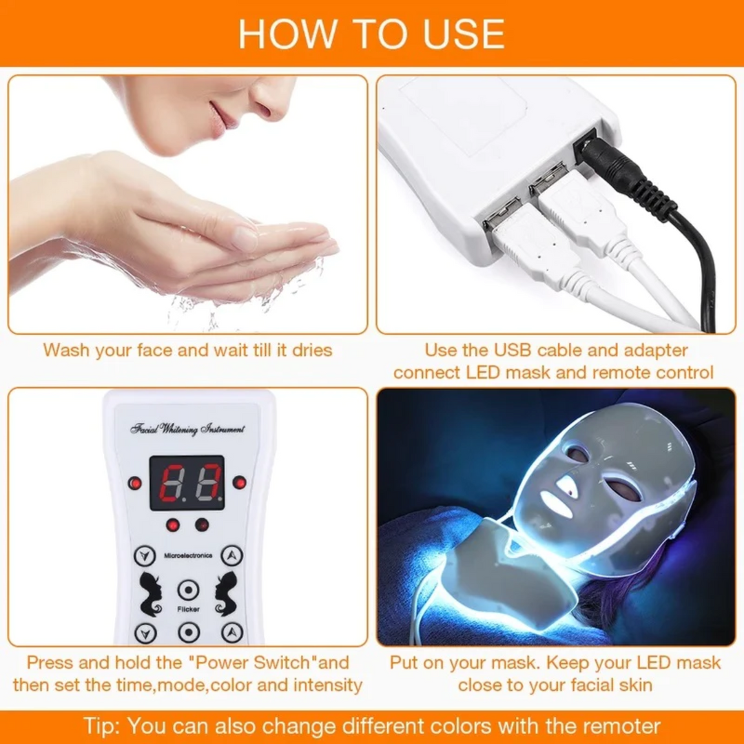 Ansigts- & hals LED-maske for anti-aging og aknebehandling med 7 farve muligheder.
