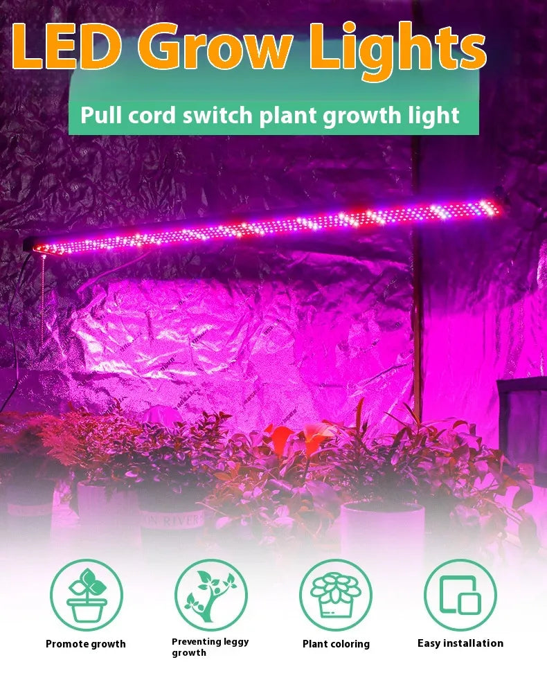 LED plantelampe, fuld spektrum, energieffektiv, med trækafbryder, ideel til sund plantevækst indendørs.