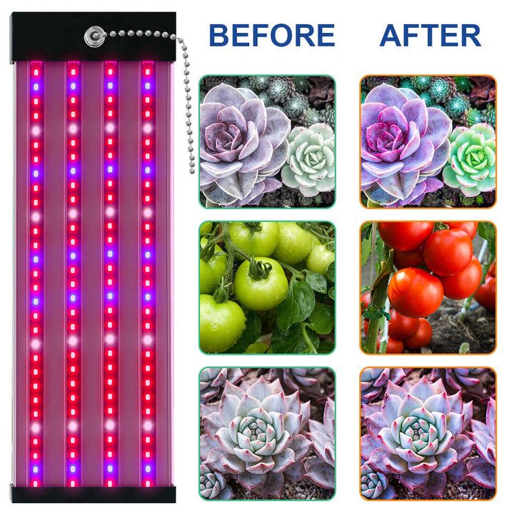 LED plantelampe, fuld spektrum, energieffektiv, med trækafbryder, ideel til sund plantevækst indendørs.