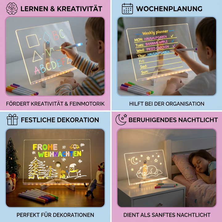 Detaljebillede af lysende LED tegnetavle til børn med klar skærm til tegning og kreativ leg.