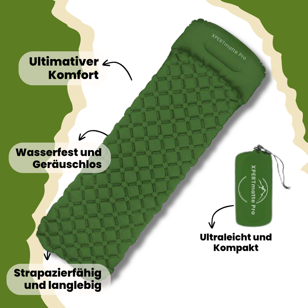 Let oppustelig liggeunderlag i grøn nylon TPU, kompakt foldet, ideelt til camping og vandreture, XPERTmatte Pro.