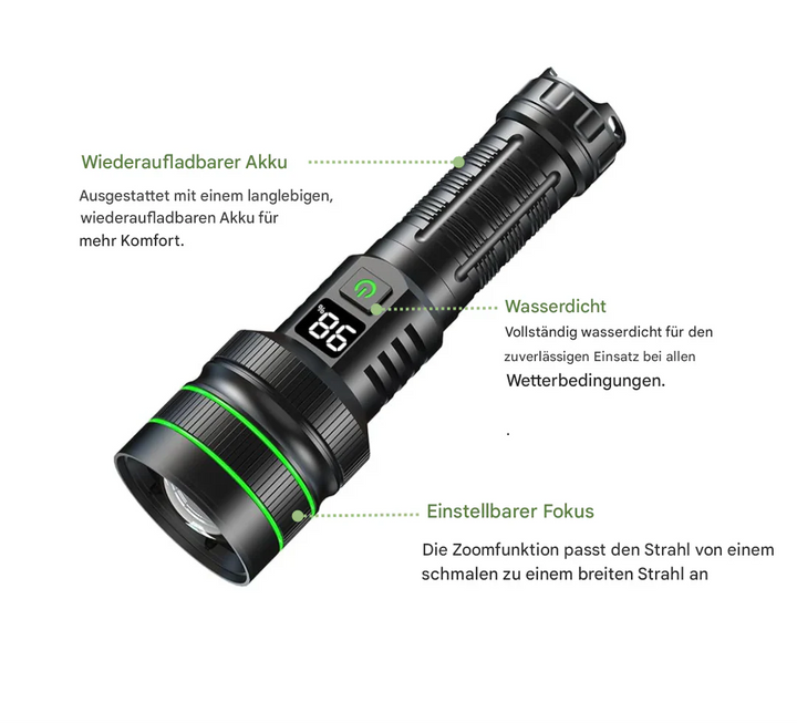 Kraftig LED-lommelygte med lang batterilevetid, robust kabinet og alsidige lysfunktioner i brug.