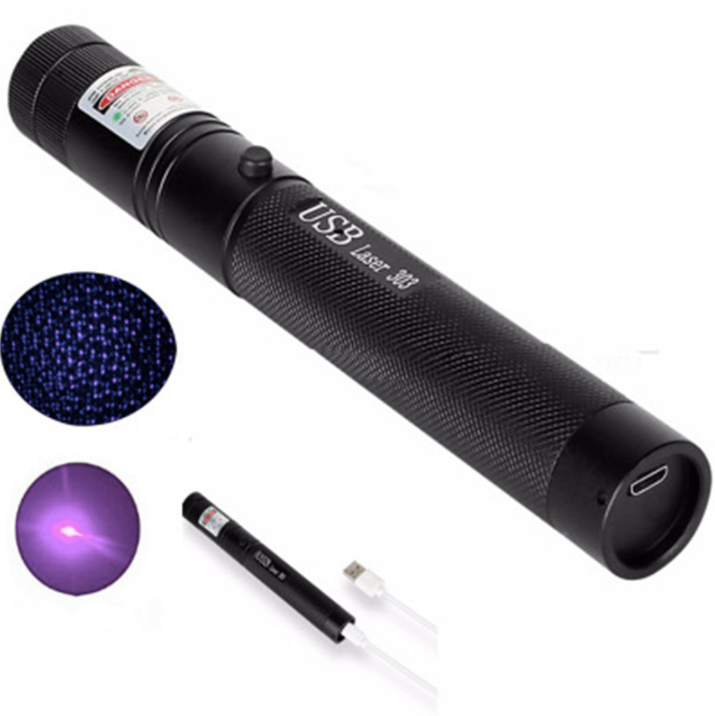 Højtydende laserpointer i aluminiumslegering med justerbar fokus; langtrækkende stråle i rød, grøn, lilla.