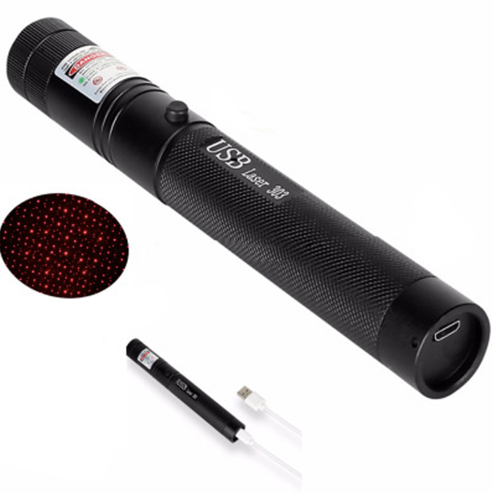 Højtydende laserpointer i aluminiumslegering med justerbar fokus; langtrækkende stråle i rød, grøn, lilla.