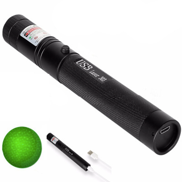Højtydende laserpointer i aluminiumslegering med justerbar fokus; langtrækkende stråle i rød, grøn, lilla.