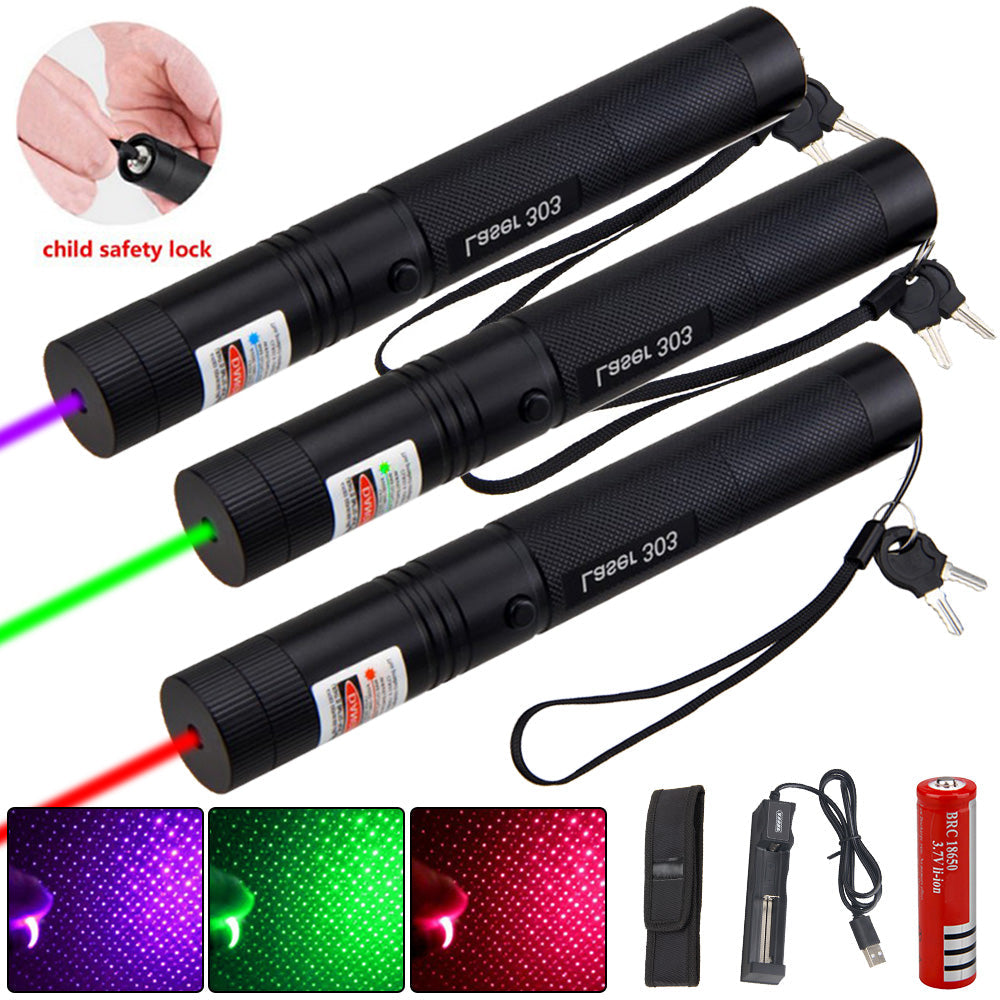 Højtydende laserpointer i aluminiumslegering med justerbar fokus; langtrækkende stråle i rød, grøn, lilla.