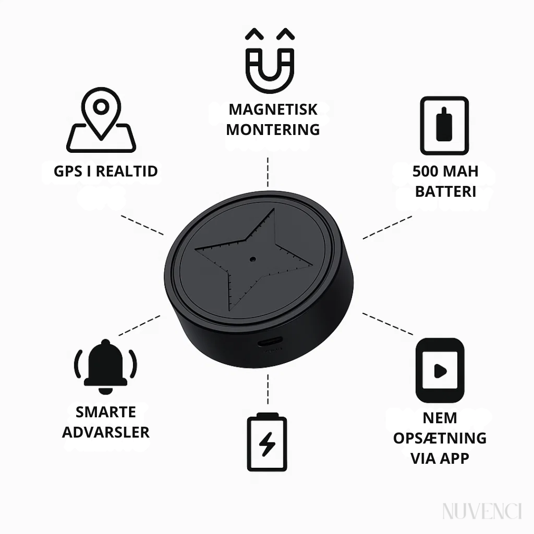 Mini GPS-tracker, der forbindes til en smartphone-app for live overvågning af bil.