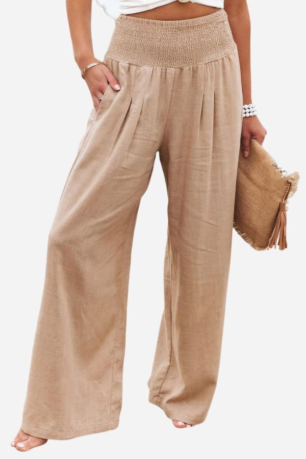 Khaki dame hør bukser med høj smock talje og brede ben. Elegante og luftige sommerbukser for kvinder.