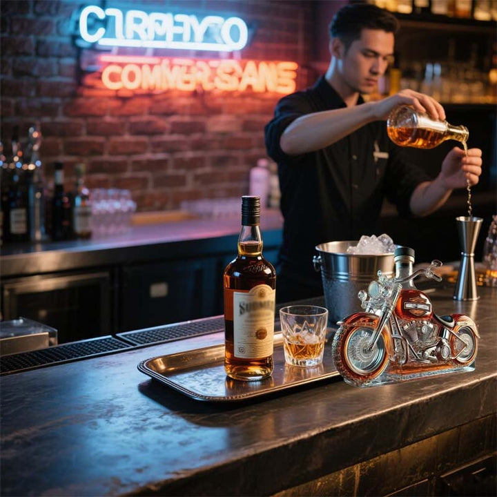 Elegant spirituskaraffel i glas med motorcykelmotiv. Perfekt til opbevaring af whisky i hjemmebaren.
