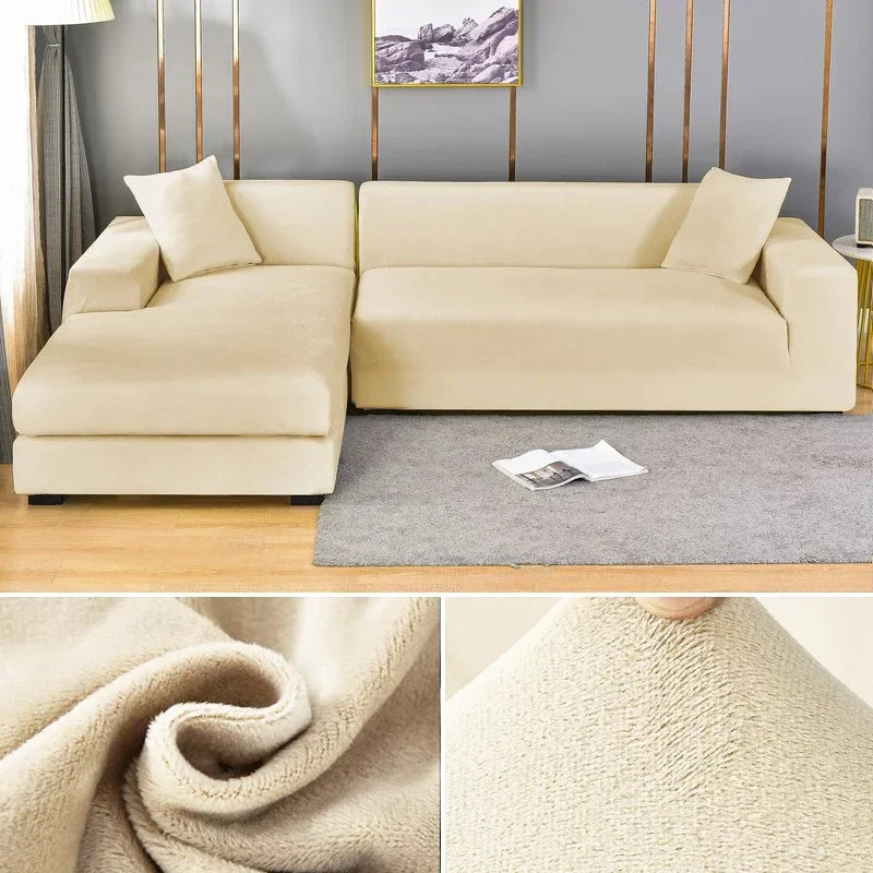 Luksuriøst Stretch Fløjls Sofabetræk i elegant beige, glat og rynkefrit, beskytter møbler, passer til forskellige sofaformer og -størrelser