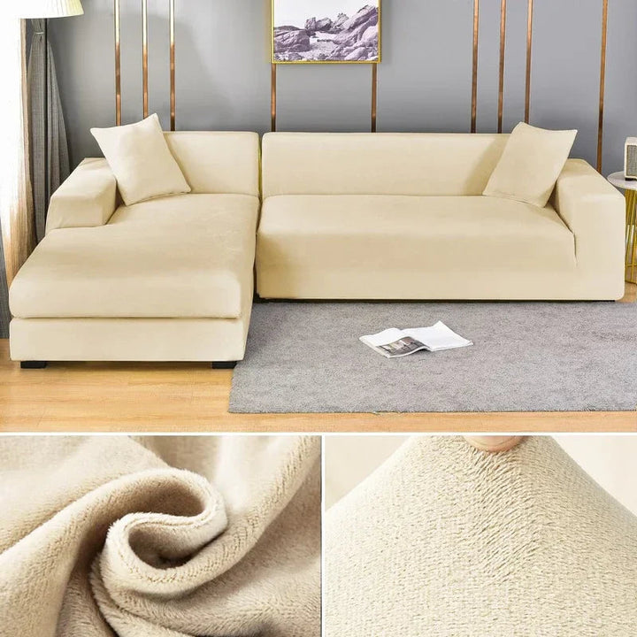Luksuriøst Stretch Fløjls Sofabetræk i elegant beige, glat og rynkefrit, beskytter møbler, passer til forskellige sofaformer og -størrelser