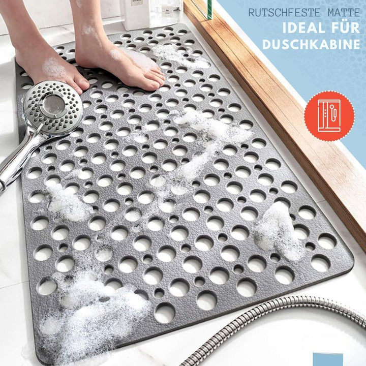 Luksus anti-skrid badeværelsesmåtte i grå, skimmelresistent materiale med sugekopper, rektangulær, nem at vedligeholde.